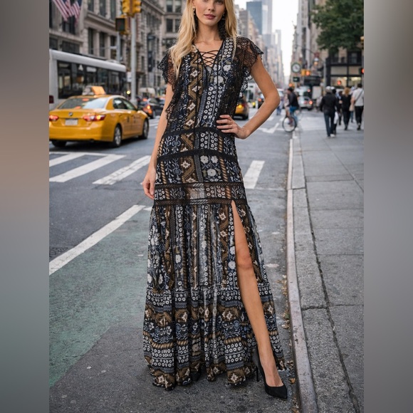 Veronica Beard Dresses & Skirts - Veronica Beard Maxi Dress Boho Tiered Elly Black Lace Printed Sz 0